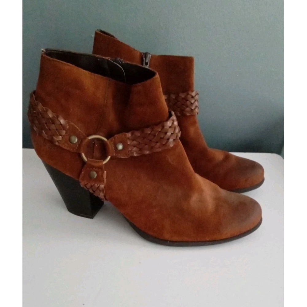 Suede Ankle Boots Braided Strap Western Heel Booties Brown Size Unknown